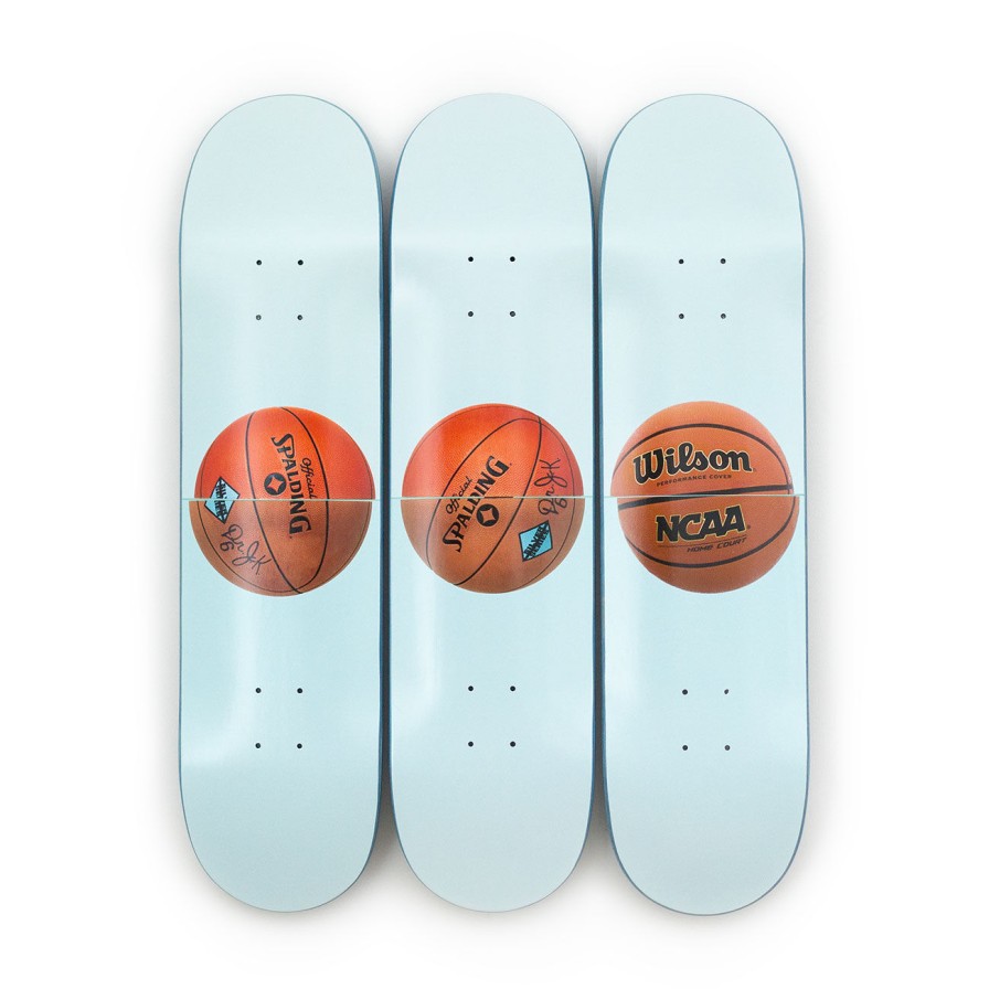 Jeff-Koons-Skateboards jeff-koons-skateboards | Three Ball 50/50 Tank (Two Spalding Dr. J Silver Series, Wilson Supershot) Skateboard Artwork The Skateroom