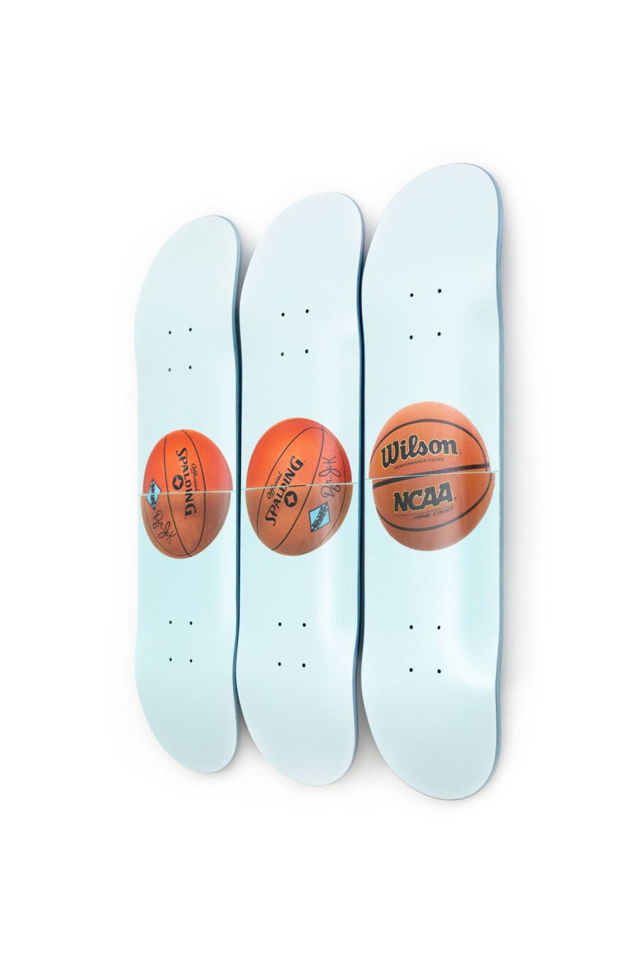 Jeff-Koons-Skateboards jeff-koons-skateboards | Three Ball 50/50 Tank (Two Spalding Dr. J Silver Series, Wilson Supershot) Skateboard Artwork The Skateroom