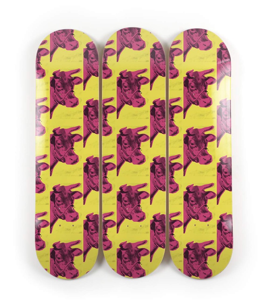 Andy-Warhol-Skateboards andy-warhol-skateboards | Cow (Pink & Yellow) Triptych - Andy Warhol X The Skateroom