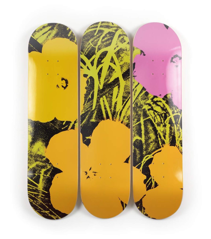 Andy-Warhol-Skateboards andy-warhol-skateboards | Flowers - Lime/Orange Triptych After Andy Warhol The Skateroom